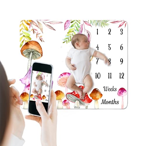 Image of Mushroom Theme Baby Monthly Milestone Blanket, Soft Flannel Watercolor Spring Tropical Eucalyptus Leaves Botanical Photography Prop Newborn Baby Shower Age Growth Tracker (Green, 48x48in)