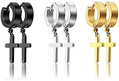 Molike Jewelry 3 Pairs Stainless Steel Hoop Huggie Stud Earrings Cross Dangle Earrings for Men Women