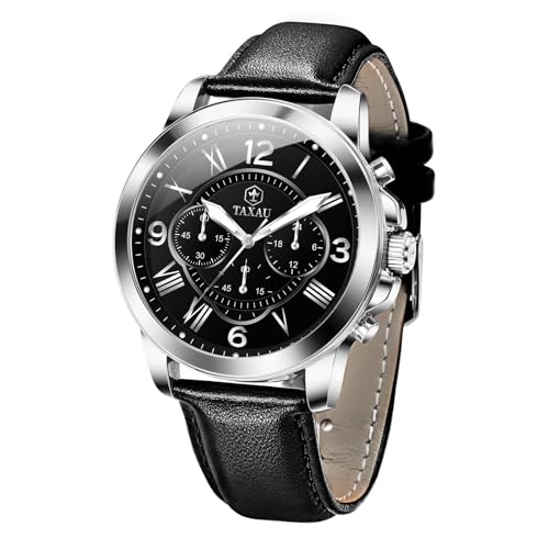 Taxau Men’s Casual Watch Black Waterproof Leather Business Dress Analog Quartz Chronograph Luxury Watches for Men Big Face Luminous Men's Wrist Watches Fashion Classic