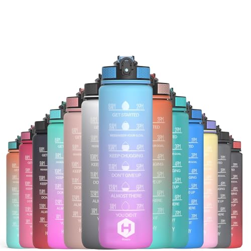 HOMEEX 1 Litre Motivational Fitness Sport Water Bottles with Straw & Time Maker, Leak-proof, BPA-free Plastic Drink Bottle 1l Design for Girls, Boy Running,cycling (Light Blue and Light Pink)