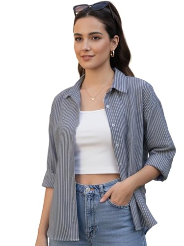 Image of Urbano Fashion Women's Cotton Full Sleeve Oversized Fit Casual Striped Shirt with Spread Collar
