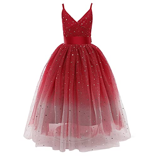 Glamulice Princess Costume Sparkle Tulle Sequin Dress Burgundy Flower Girls Ombre Dresses Champagne Lace Bridesmaid Party Wedding Pageant Maxi Holiday Ball Gown 7 8 Wine Red Ballgown Evening Event