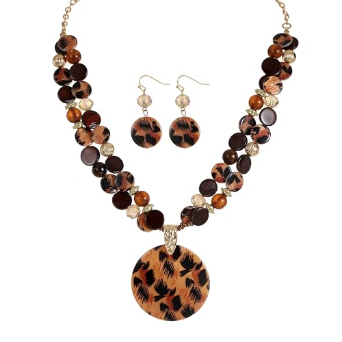Xalroco Layered Beads Statement Fashion Necklace Chunky Jewelry Set Big Colorful Glass Stone Circle Shell Pendant Choker Necklace and Earring Set for Women (leopard brown)