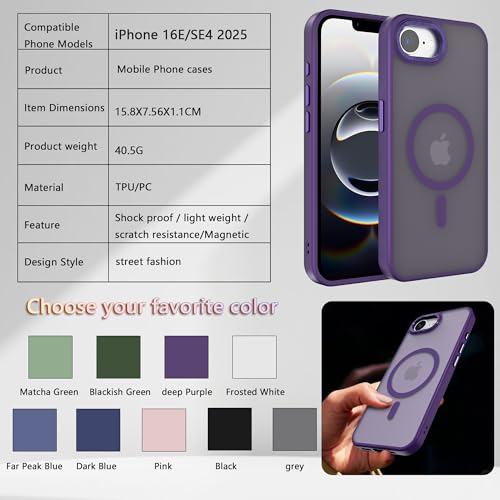 Image of Magnetic iPhone 16E /17e case,Compatible with Magsafe, Military-Grade Protection,Slim Translucent Matte Shockproof with Anti-Scratch Anti-Fingerprint Phone Cover (deep Purple, iPhone 16E /17e)