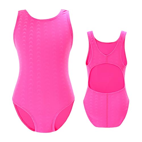 Girls Athletic Swimsuits One Piece Kids Solid Competition Swimwear for Practice Swim Team Training Black Bathing Suits(R Hot Pink,6-7T(XS))