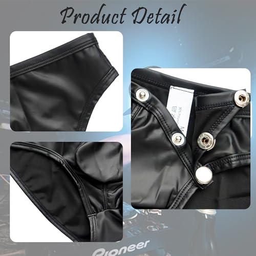 QiaTi Men's Faux Leather Briefs Black Underwear with Snap Button Rave Thong Swimsuit for Men3