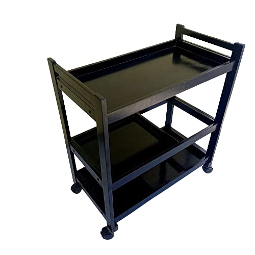 Image of 3-Tier Solid Wood Rolling Bar Cart - Wine Serving Cart & Kitchen Storage with Seasoning Rack (Brown Polish) - Style 14