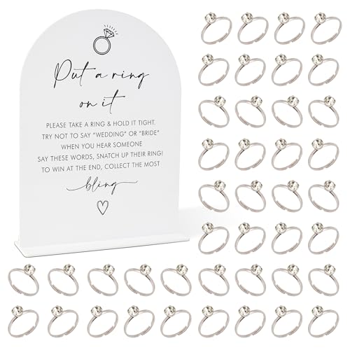 stizak Minimalist Bridal Shower Decorations, Wedding Shower Games, Popular Bridal Shower Game, Put A Ring On It Game, 1 Sign and 50 Fake Rings(dsxn10), White