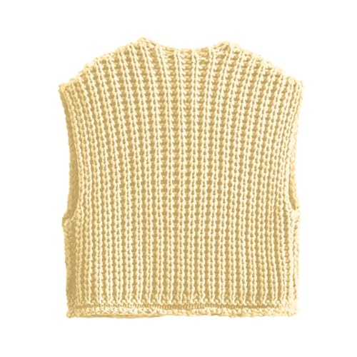 Image of Women's Sleeveless Chunky Knit Cardigan V-Neck Button Down Vest Casual Loose-Fitted Crochet Sweater with Pockets 2024