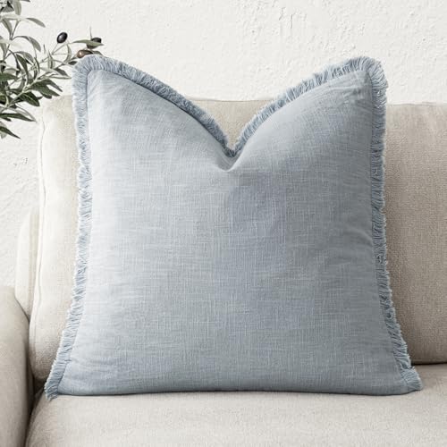 Image of Foindtower Decorative Linen Fringe Throw Pillow Covers Cozy Boho Farmhouse Cushion Cover with Tassels Soft Accent Pillowcase for Chair Sofa Bed Living Room Home Decor, 26x26 Inch,1PC,Sky Blue
