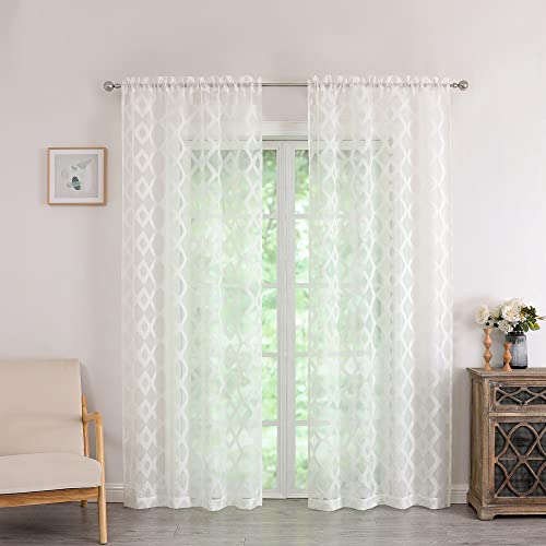 Simplebrand Kiki Sheer Curtains 84 Inch Length 2 Panels Set, Light Filtering Clipped Voile Sheer Curtain, Geometric Jacquard Burnout Textured Design Window Panels Rod Pocket Top, W40X L84, Ivory #TOP1