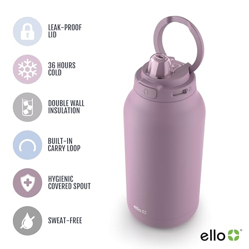Image of Ello Hydra 64oz Stainless Steel Water Jug with Locking Leak Proof Lid | Reusable Half Gallon Vacuum Insulated Metal Bottle with Silicone Straw, Keeps Drinks Cold All Day, Gift Ready, Mauve