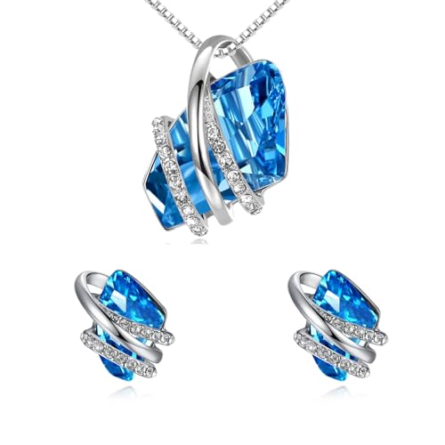 Leafael Wish Stone Necklace, Stud Earrings Jewelry Set for Women, March December Birthstone Aquamarine Blue Crystal Jewelry, Silver Tone Gifts for Women