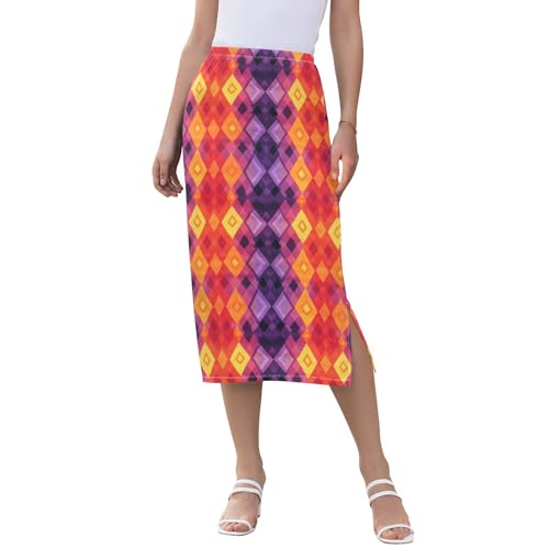 Womens Beachy Stretch Midi Skirts for Women Below Knee Weekend Skirt with Slit