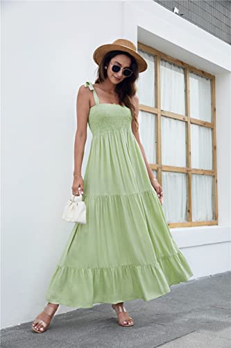 Image of kinstell Women's Summer Boho Spaghetti Strap Square Neck Ruffle Casual Flowy Long Dress Beach Swing Party Maxi Dress