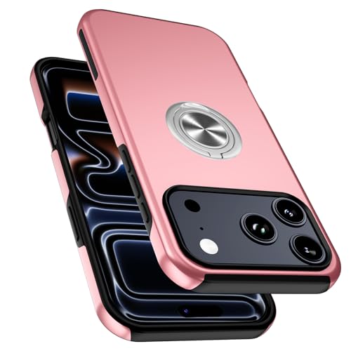 Coque 17Pro antichoc rose avec anneau de doigt et support métal