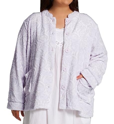 LA CERA Women's Fleece Rose Sculptured Bed Jacket with Mandarin Collar, Long Sleeves, Front Pockets & Button Closure3
