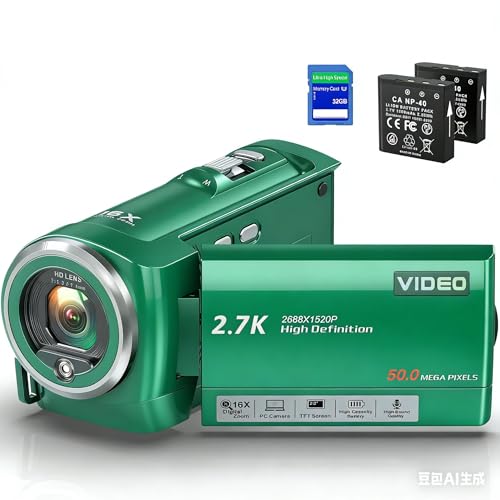 Image of 2.7K Video Camera Camcorder QHD 56MP YouTube Vlogging Camera Webcam 16X Digital Zoom with 32G SD Card 270 Degree Rotation Screen Camcorders and 2 Batteries Recording While Charging