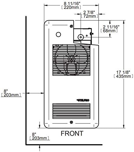 Front view diagram of the Stelpro Pulsair heater with dimensions in inches and millimeters.