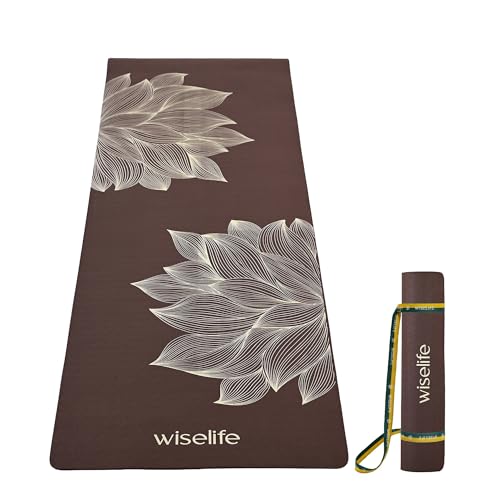 Image of Wiselife tpe Printed 6MM Yoga Mat + Yoga Strap For Men, Women, Kids|Anti-Slip Extra thick, long & Wide Exercise Sports Mat For Workout, Fitness, Yoga, Gym, Home & Pilates (Lotus-Brown)