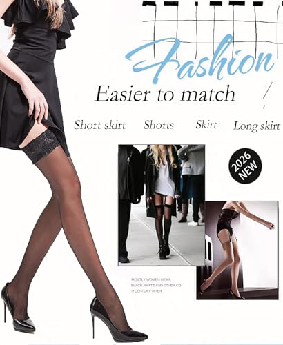 2Pairs Thigh High Stockings Silicone Lace Top Stay Up Silky Semi Sheer Pantyhose for Women Hold Up Nylon3