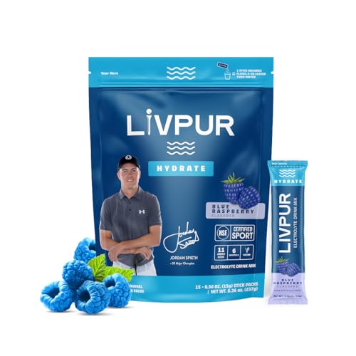 LIVPUR Electrolyte Drink Mix Instant Hydration Powder 15 Sticks Essential Amino Acids Vitamins C B6 B12 Sports Drink Mix (Blue Raspberry Flavor)