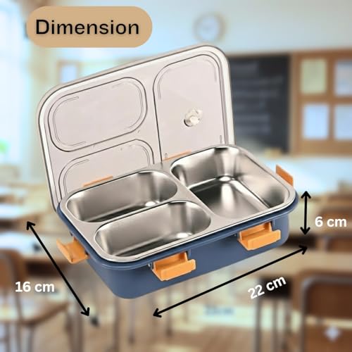 Image of La' Forte Spring Bento Lunch Box | 900 ml | 3-Compartment | 304 Stainless Steel Inner | Leak-Resistant Lid | Microwave-Friendly | School & Office Tiffin | Pink /Blue (Blue)