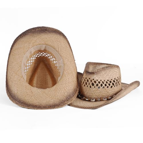 Image of Men's Cowboy Hats Summer Women Beach Cowgirl Hat Raffia Unisex Western Sun Hat
