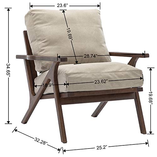 Guyou Mid Century Modern Accent Chair Wood Lounge Armchair with Upholstered Detachable Cushions, Single Sofa Comfy Retro Chair for Living Room/Bedroom/Reading Room (Beige) - Thumbnail 2