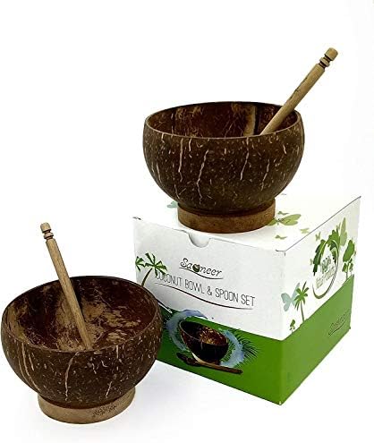 Saoneer Hand Made Natural Wooden Coconut Shells Bowls and Spoons Gift Set, Smoothie & Coco Bowl,Gifts Bowl, Serving Bowl and Spoon,Vegan Home, Organic, Eco Friendly (Set of 4 Coconut Bowls + 4 Coconut