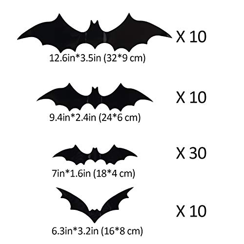 Coogam 60PCS Halloween Bats Decoration, 4 Different Sizes Realistic PVC Black 3D Scary Bat Sticker for Home Decor DIY Wall Decal Bathroom Indoor Hallowmas Party Supplies