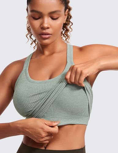 Image of CRZ YOGA Seamless Rib Racerback Tank Tops | Light Support, Built in Bra, Removable Pads, Yoga, Ribbed, High Neck, for Women