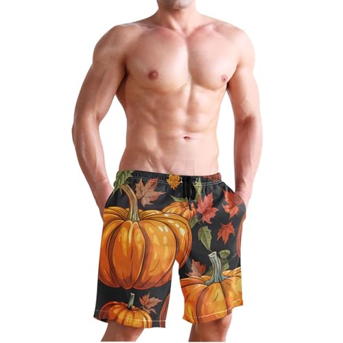 Men's Swim Trunks Quick Dry Swimming Shorts with Pocket Pumpkins Leaves on Dark Background Swimsuit Trunks3