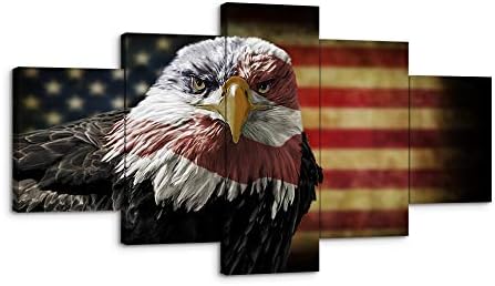Bald Eagle USA Flag Wall Art Vintage American Flag Canvas Red Line American Home Decor Eagle Wall Art Pictures for Bedroom Living Room 5 Panel Large American Poster Painting Framed Ready to Hang