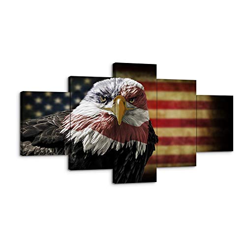 Bald Eagle Usa Flag Wall Art Vintage American Flag Canvas Red Line American Home Decor Eagle Wall Art Pictures For Bedroom Living Room 5 Panel Large American Poster Painting Framed Ready To Hang #TOP2