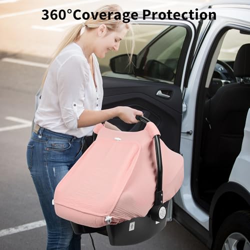 Image of Rquite Car Seat Cover Baby, Carseat Covers Girl Boy, Breathable Muslin Cotton, Large Mesh Window, Infant Car Seat Canopy Baby Carrier Cover Stroller Sun Shade for Summer & Hot Day, Pink