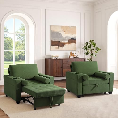 Image of 3-in-1 Sleeper Sofa Chairs Set of 2, Pull Out Sofa Bed Convertible Reclining Seat Upholstered Armchair, Adjustable Backrest Recliner Chair - Green