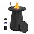 PIZZELLO 37" Propane Fire Pit Table, Outdoor Bar Height Patio Table with Fire Pit, Round Gas Firepits Wicker Propane Fire Table with Glass Fire Beads, Table Lid, Table Cover(Black)