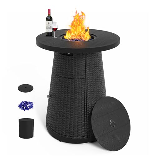 PIZZELLO 37' Propane Fire Pit Table, Outdoor Bar Height Patio Table with Fire Pit, Round Gas Firepits Wicker Propane Fire Table with Glass Fire Beads, Table Lid, Table Cover(Black)