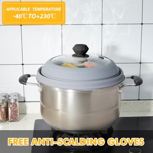 Image of Microwave Splatter Cover Vented Glass Splatter Guard Lid with Collapsible Silicone for Food as Pot Cover Plate 9.8 inch Light Grey