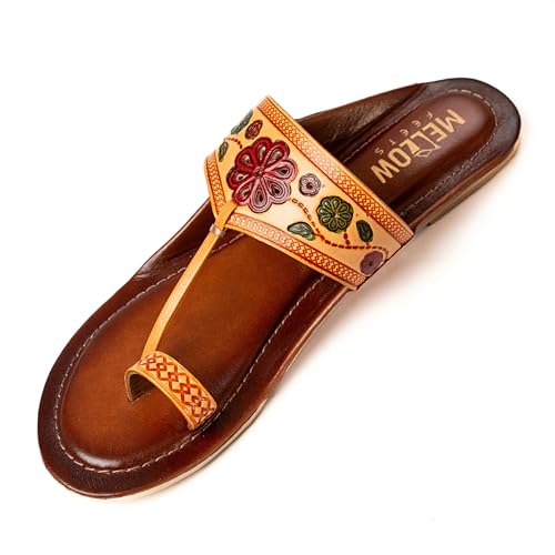 Image of Women Ladies Kolhapuri Genuine Leather Chappal Flats - Slip on Traditional Handcrafted Ethnic and Casual Toe Ring Sandals