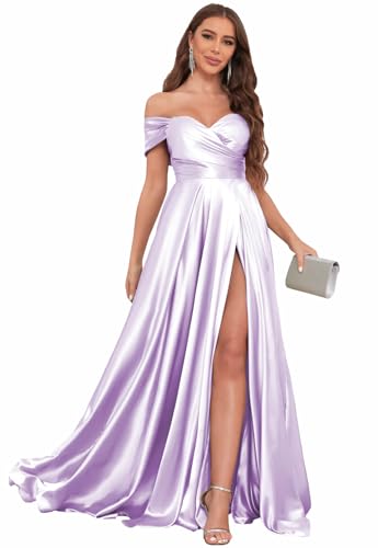 Image of SOLODISH Off The Shoulder Satin Prom Dresses for Women Long Formal Evening Party Dress with Slit