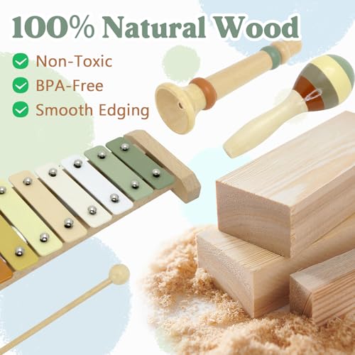 Baby Musical Instruments Montessori Wooden Toys for Toddlers, Neutral Colors Percussion Instruments Set, Modern Boho Xylophone Tambourin - Image 6