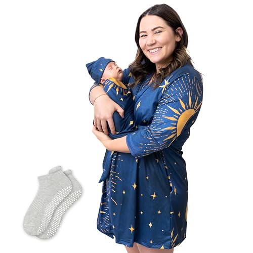 Image of Asha Creations Mommy & Newborn Outfit Set, 4 Piece Set Includes Nursing Robe, Mom Sock, Swaddle Blanket and Matching Baby Hat