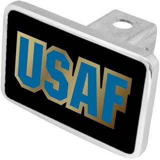 Eurosport Daytona- Compatible with -, Premium XL Aluminum Hitch Plug- USAF Badge Black Acrylic Plate, Gold Outline w Light Blue Word