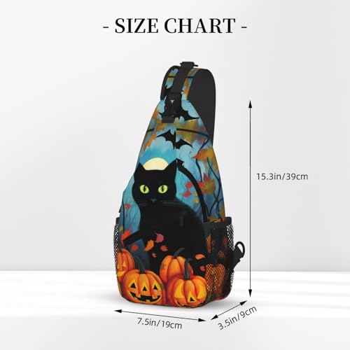 Halloween Black Cat Casual Sling Backpack Crossbody Chest Bags for Unisex Fall Pumpkin Leaf Adjustable Shoulder Bag Multipurpose Daypack3