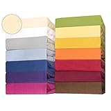 Markenbettlaken, 100 Prozent gekämmte Baumwolle, Jersey, Gewicht von ca. 130g/qm. Kennzeichnung Oeko-Tex Standard 100. Die hohe Dehnbarkeit des Jerseystoffs sorgt für eine optimale Passform