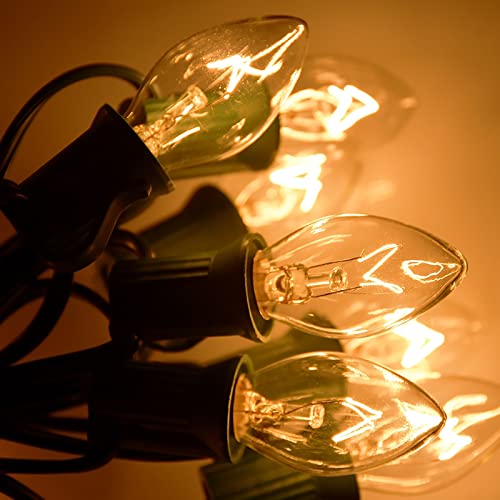 Image of C7 Christmas Lights Outdoor, 25Ft C7 Warm White Christmas Decorations String Lights with 27 Clear Incandescent Bulbs, Vintage Christmas Lights for Roofline House Garden Patio Xmas Tree Party, Green