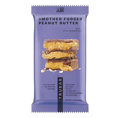 TRUBAR Vegan Protein Bar, Smother Fudger Peanut Butter, Gluten Free, Plant Based, High Fiber, Dairy Free, Low Fat, Non GMO, No Sugar Alcohols, 12G Lean Protein, 13G Fiber, Healthy Snack Bars, 1 CT