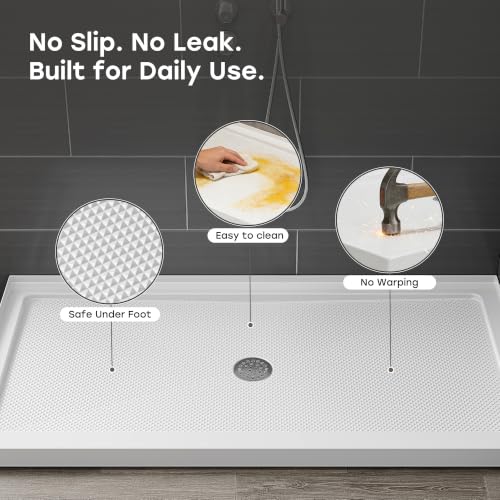 Image of HOROW 60 inch x 30 inch Shower Base, Center Drain Shower Pan, Low Profile Acrylic Base with Reinforced Fiberglass, Non-Slip Surface, Stainless Steel Drain Cover, Leak-Resistant for Bathroom